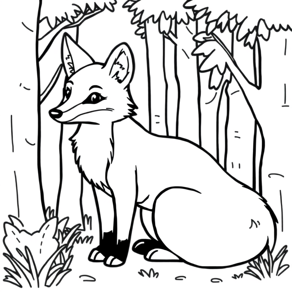 Printable Simple Fox In Forest Coloring Page
