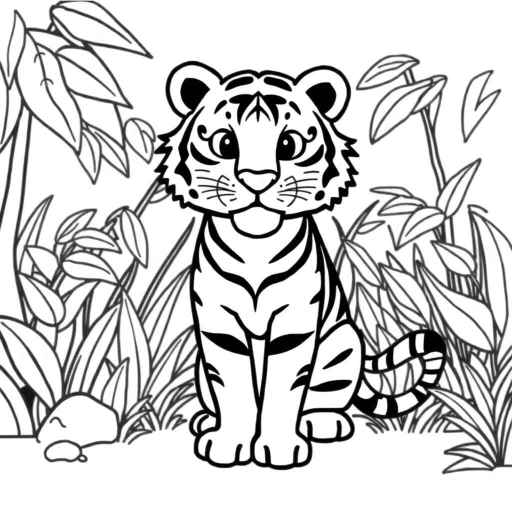 Printable Simple Tiger In Jungle Coloring Page