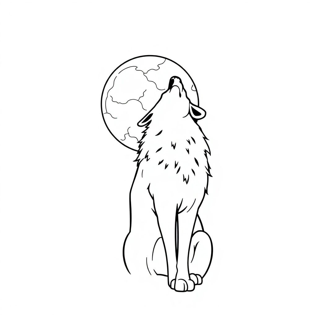 Simple Wolf Howling At Moon Coloring Page
