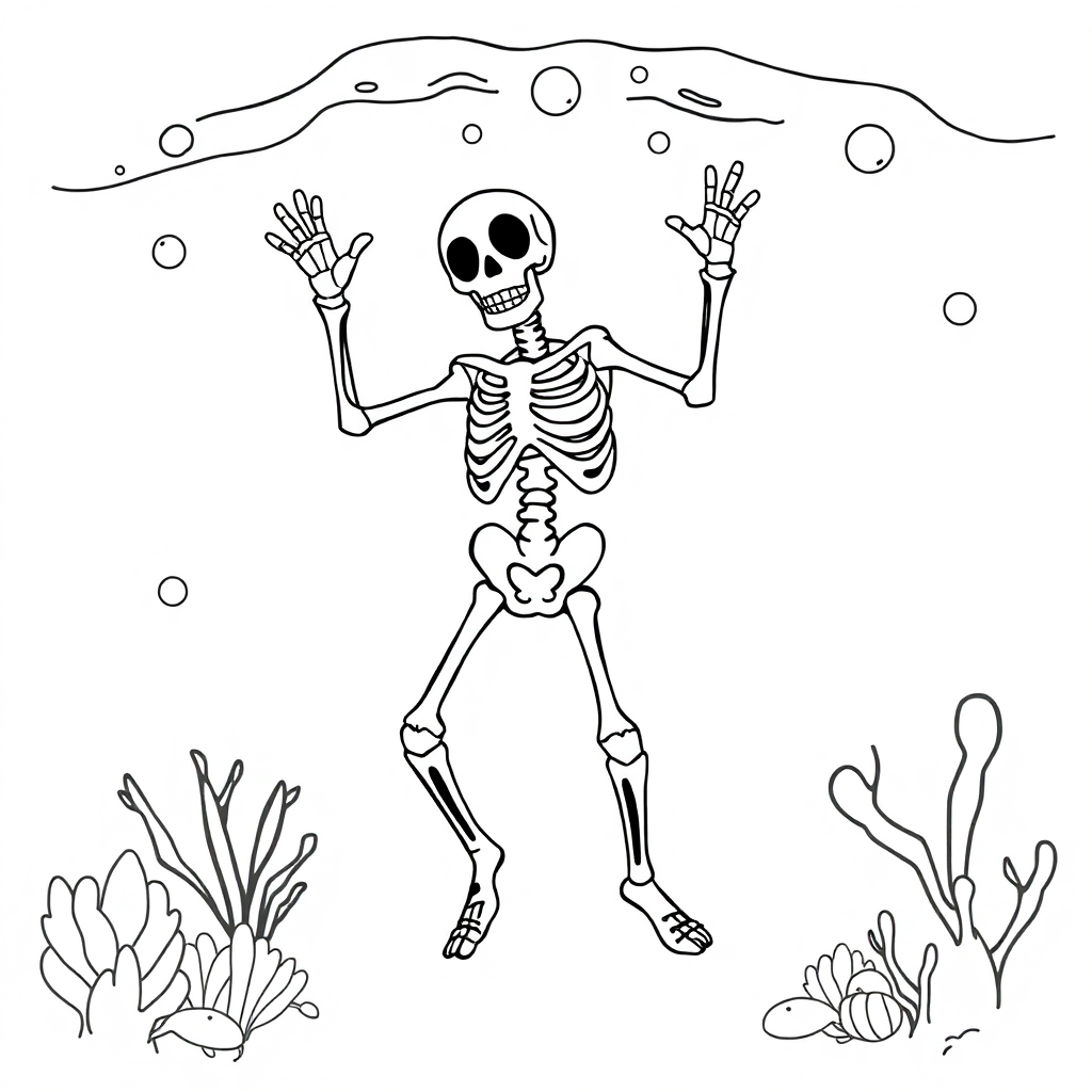 Skeleton Dancing Underwater Coloring Page