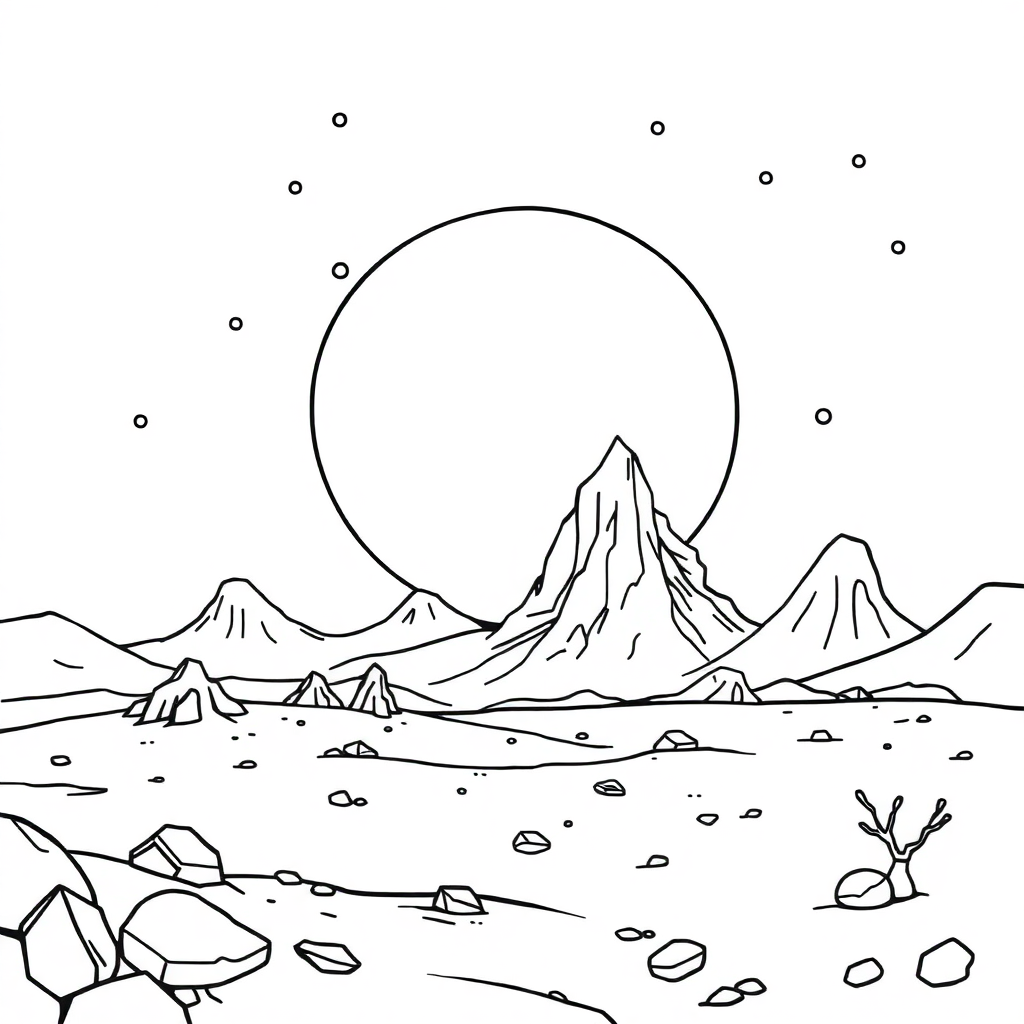 Sleepy Alien Planet Landscape Coloring Page