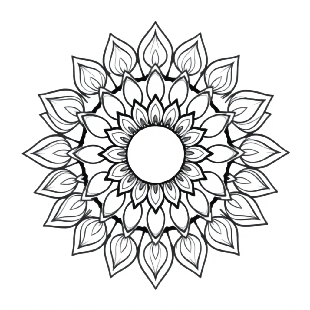 Sleepy Circular Mandala With Petals Coloring Page