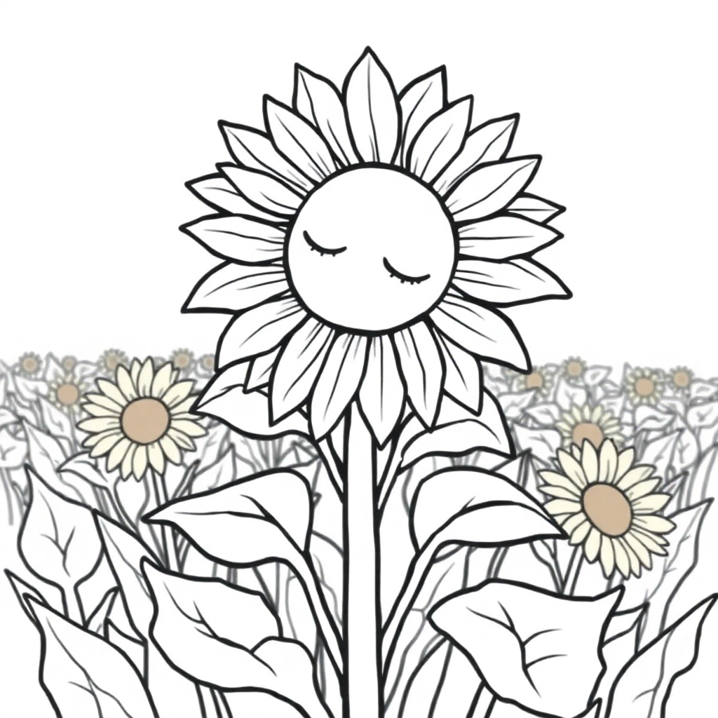 Sleepy Sunflower Field Coloring Page