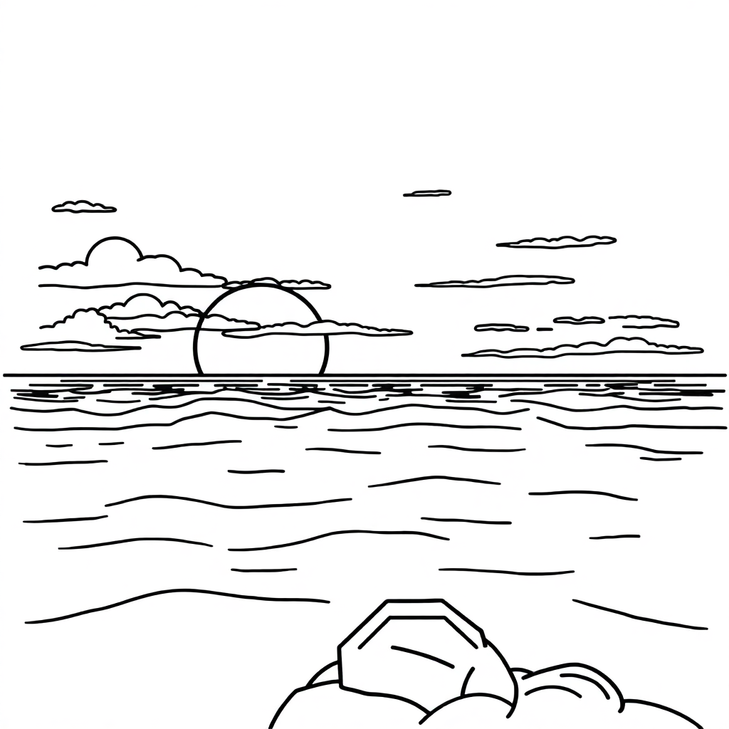 Sleepy Sunset Over Ocean Coloring Page
