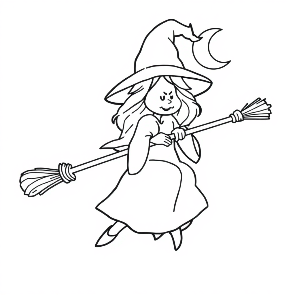 Sleepy Witch On Broomstick Coloring Page
