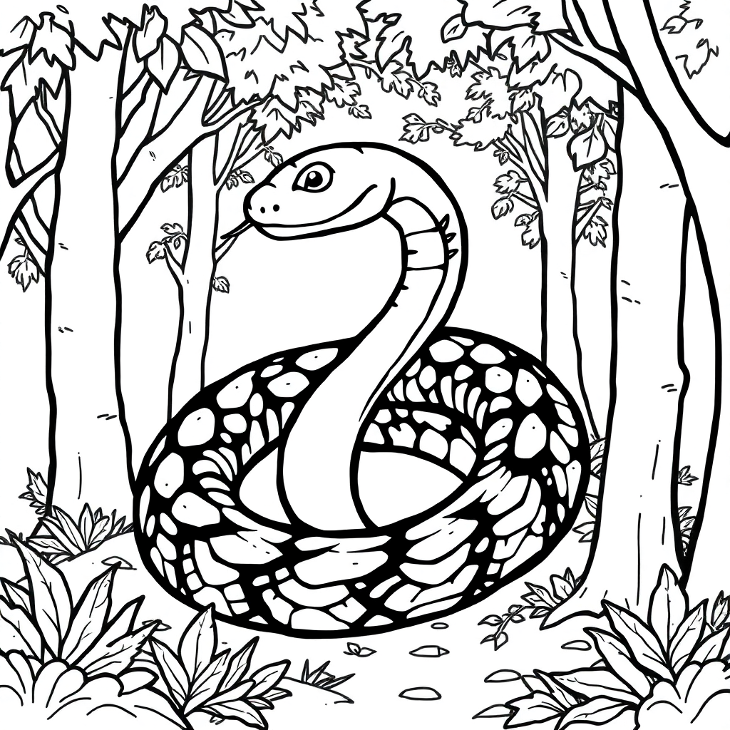 Snake Coiled In Forest Coloring Page