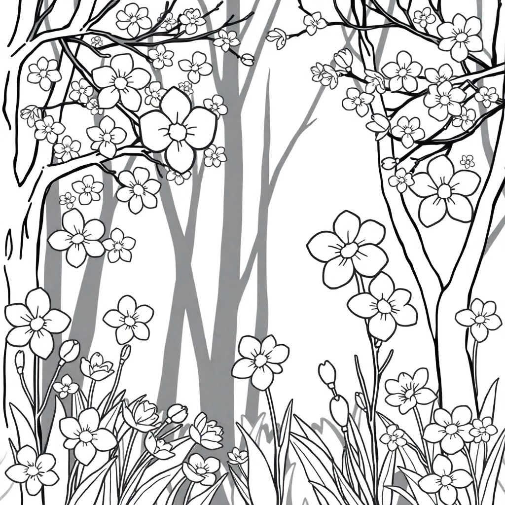 Spring Blossoms In Forest Coloring Page