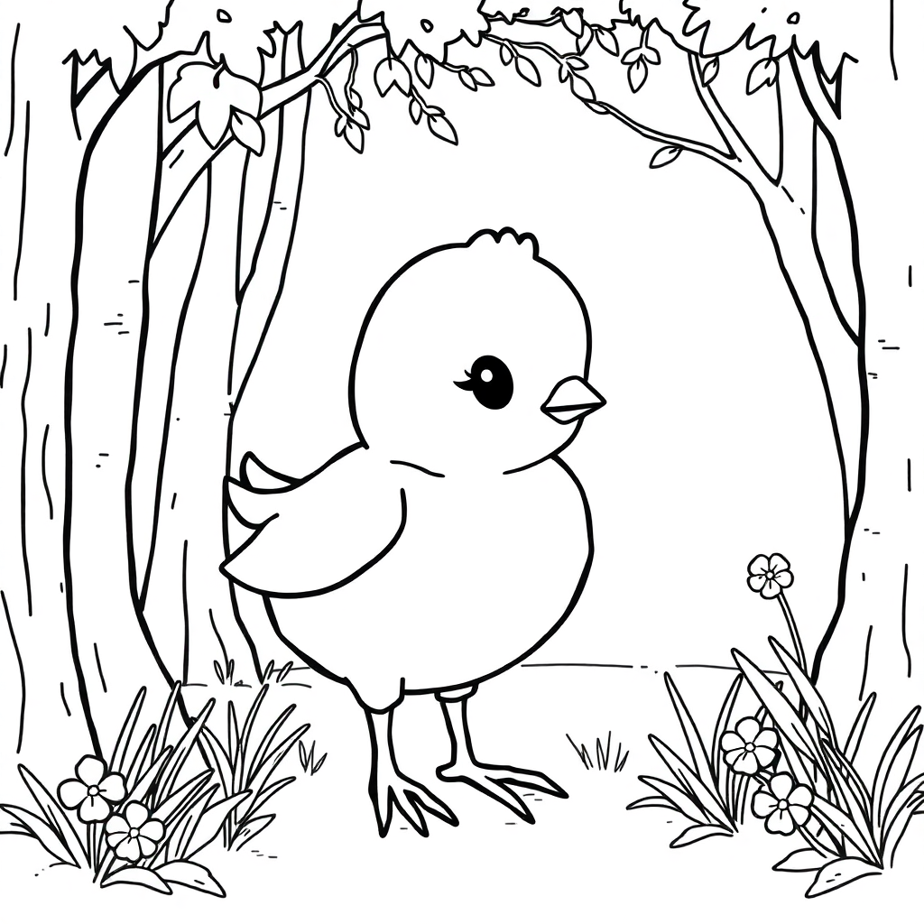 Spring Chick In Forest Coloring Page