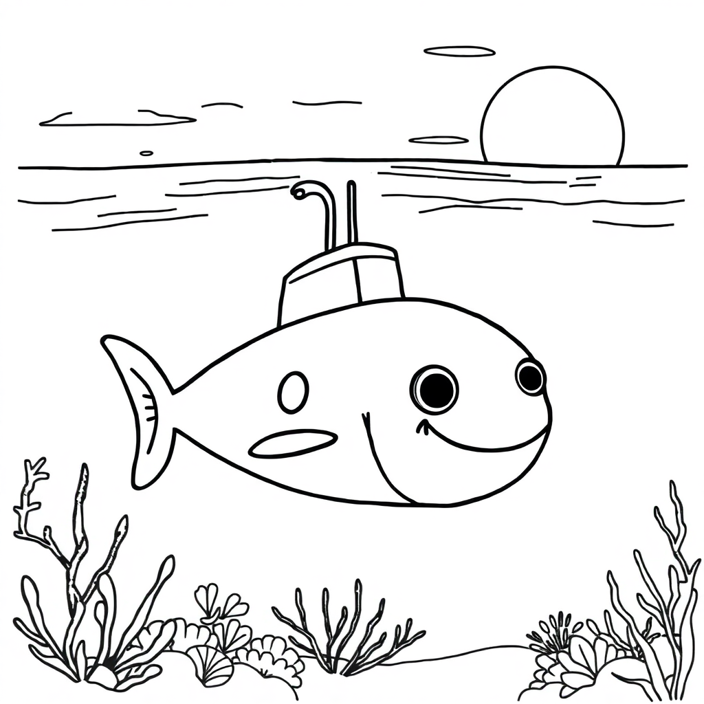 Submarine Underwater At Sunset Coloring Page