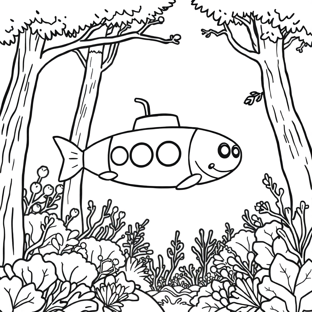 Submarine Underwater In Forest Coloring Page