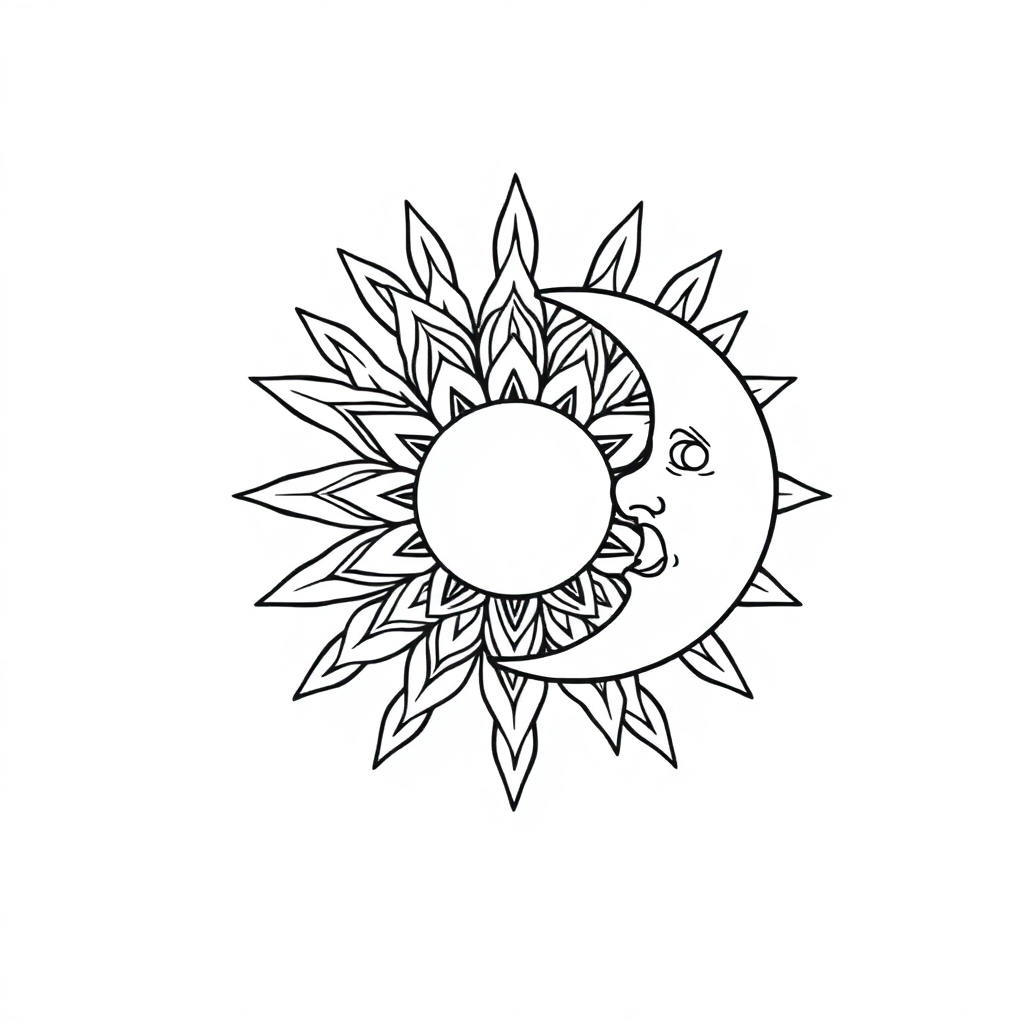 Sun And Moon Mandala In Rain Coloring Page