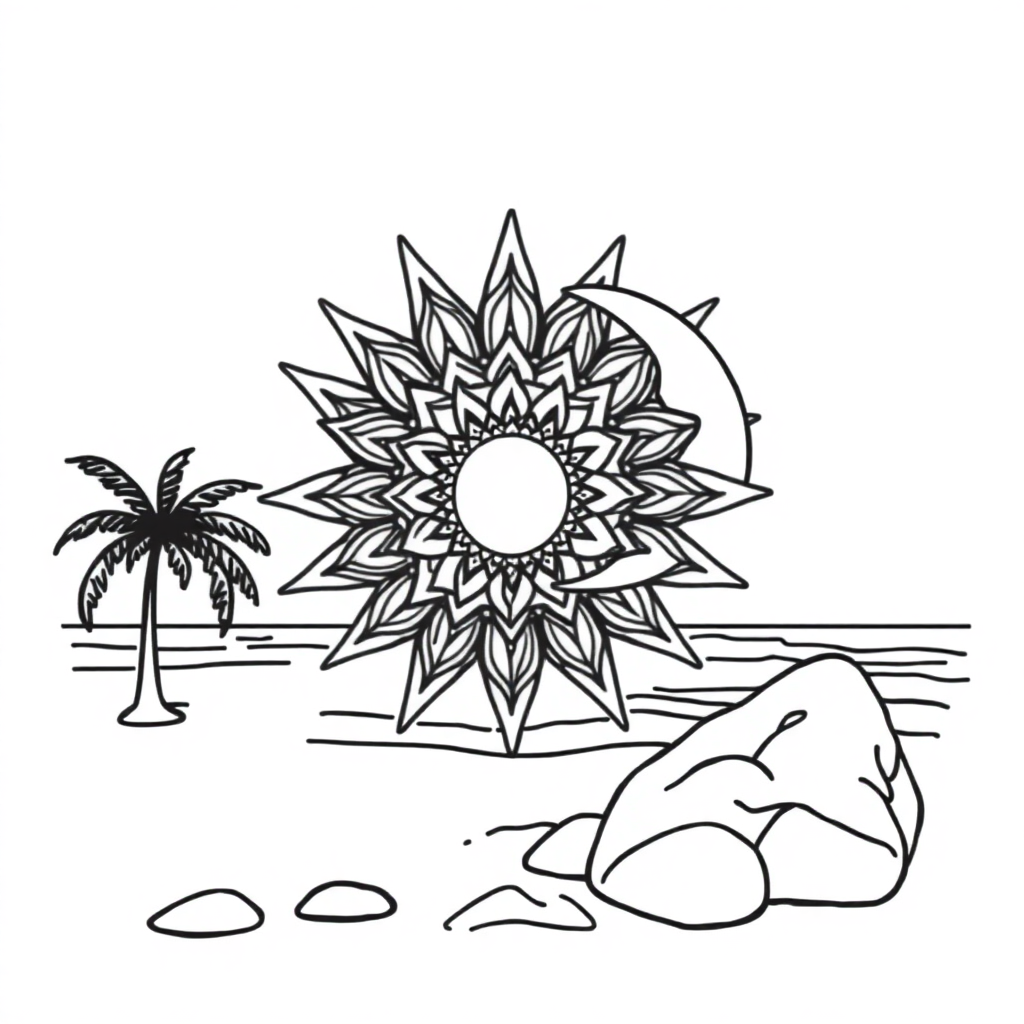 Sun And Moon Mandala On Beach Coloring Page