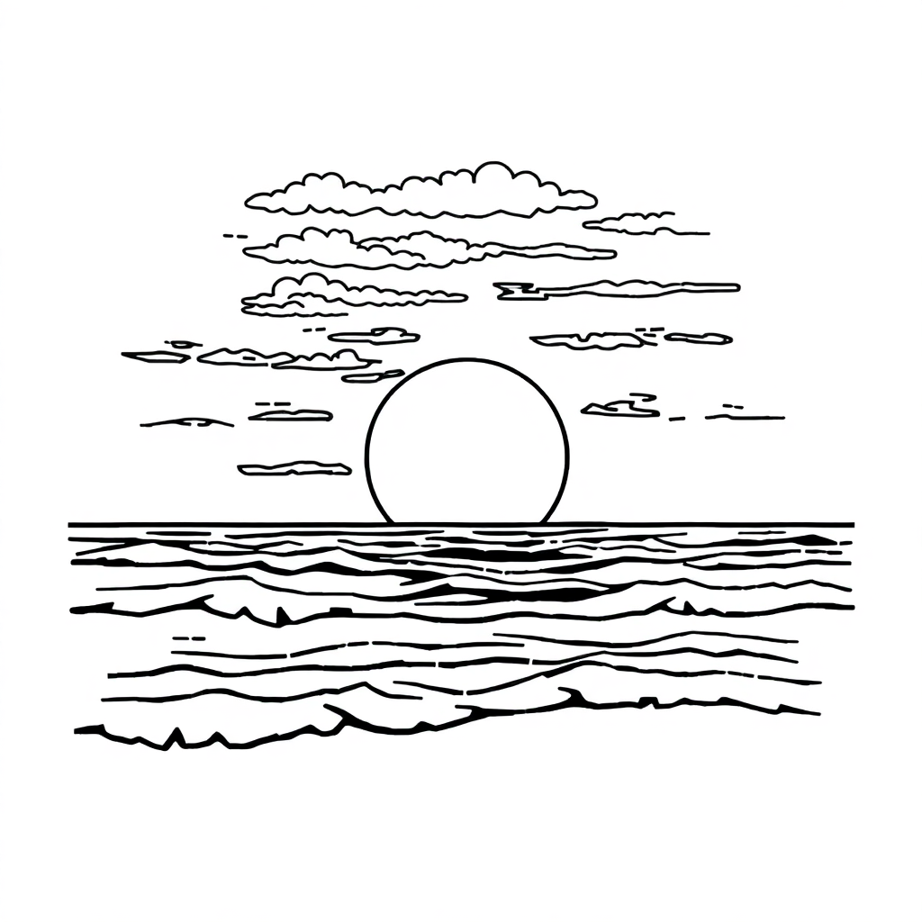 Sunset Over Ocean Coloring Page