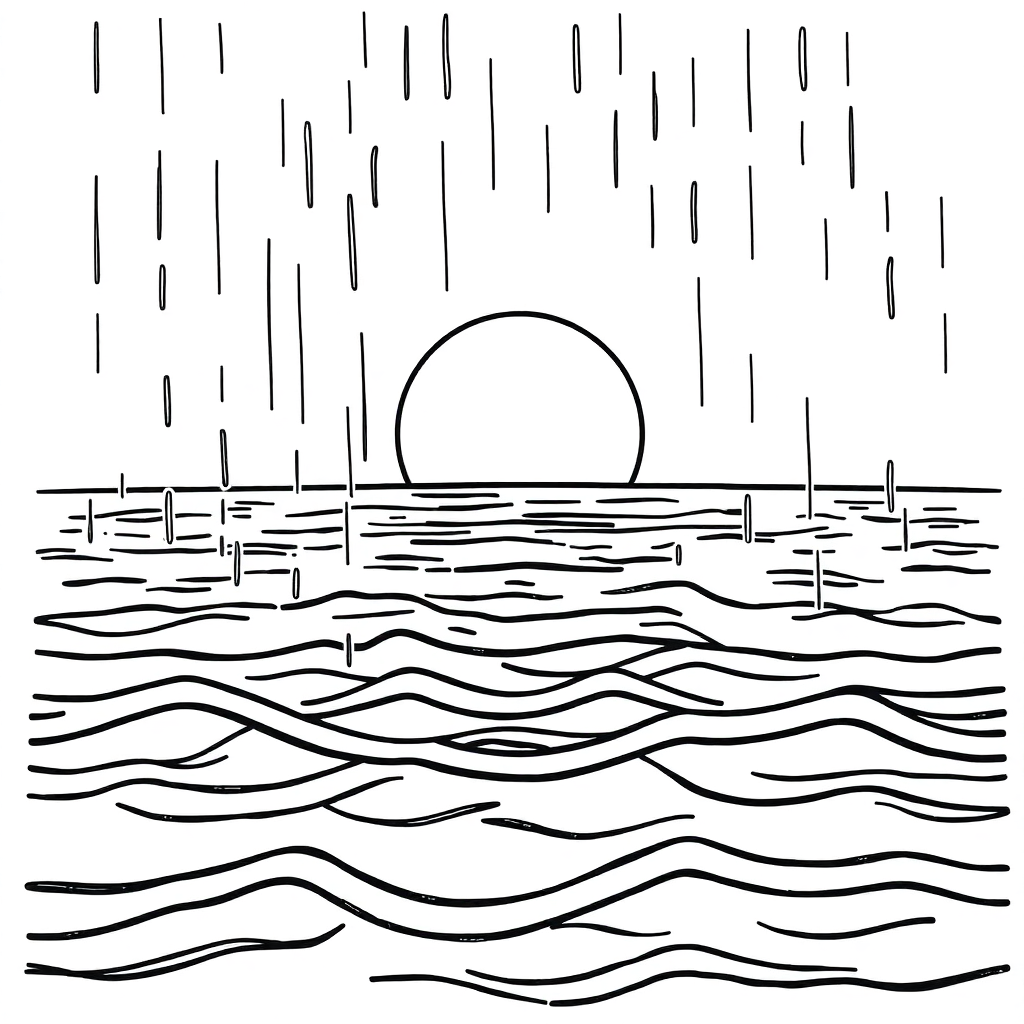 Sunset Over Ocean In Rain Coloring Page
