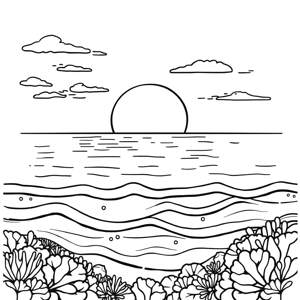 Sunset Over Ocean Underwater Coloring Page