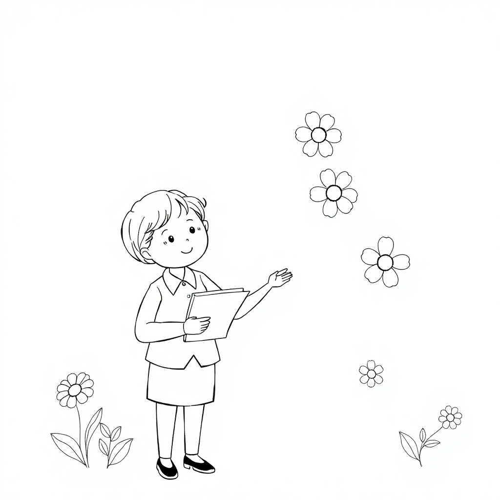 Teacher At Blackboard With Flowers Coloring Page