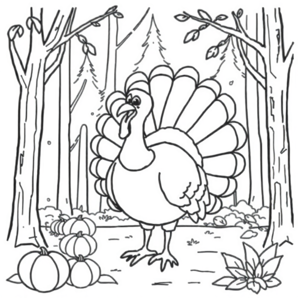 Thanksgiving Turkey In Forest Coloring Page