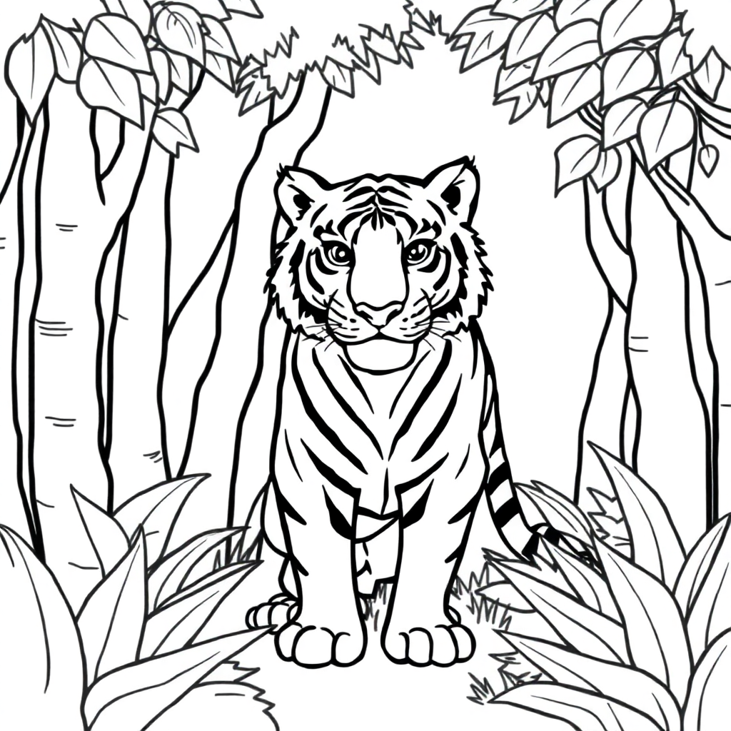 Tiger In Jungle In Forest Coloring Page
