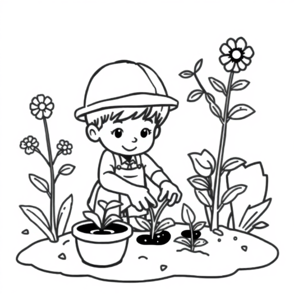 Tiny Gardener Planting Coloring Page