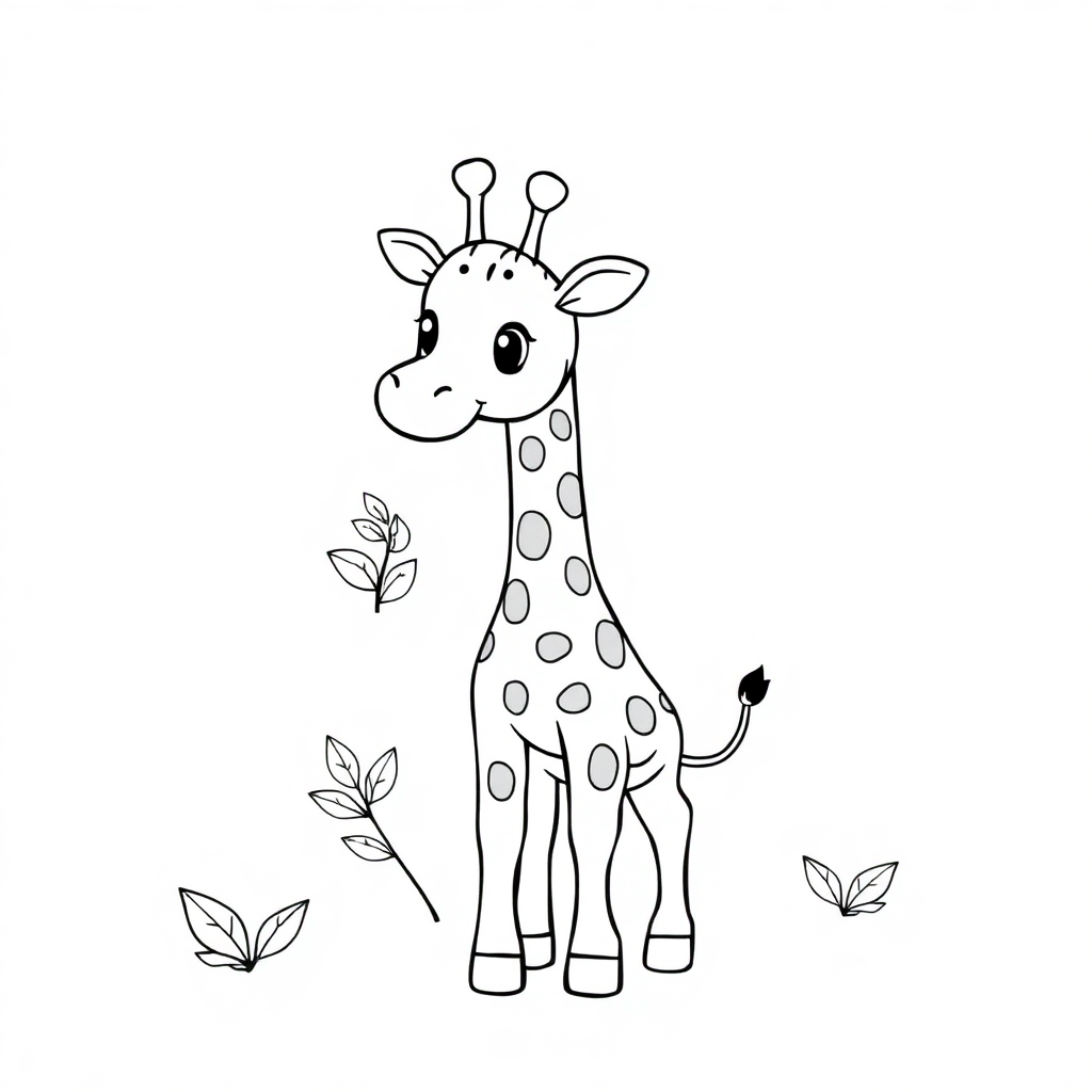 Tiny Giraffe Eating Leaves Coloring Page