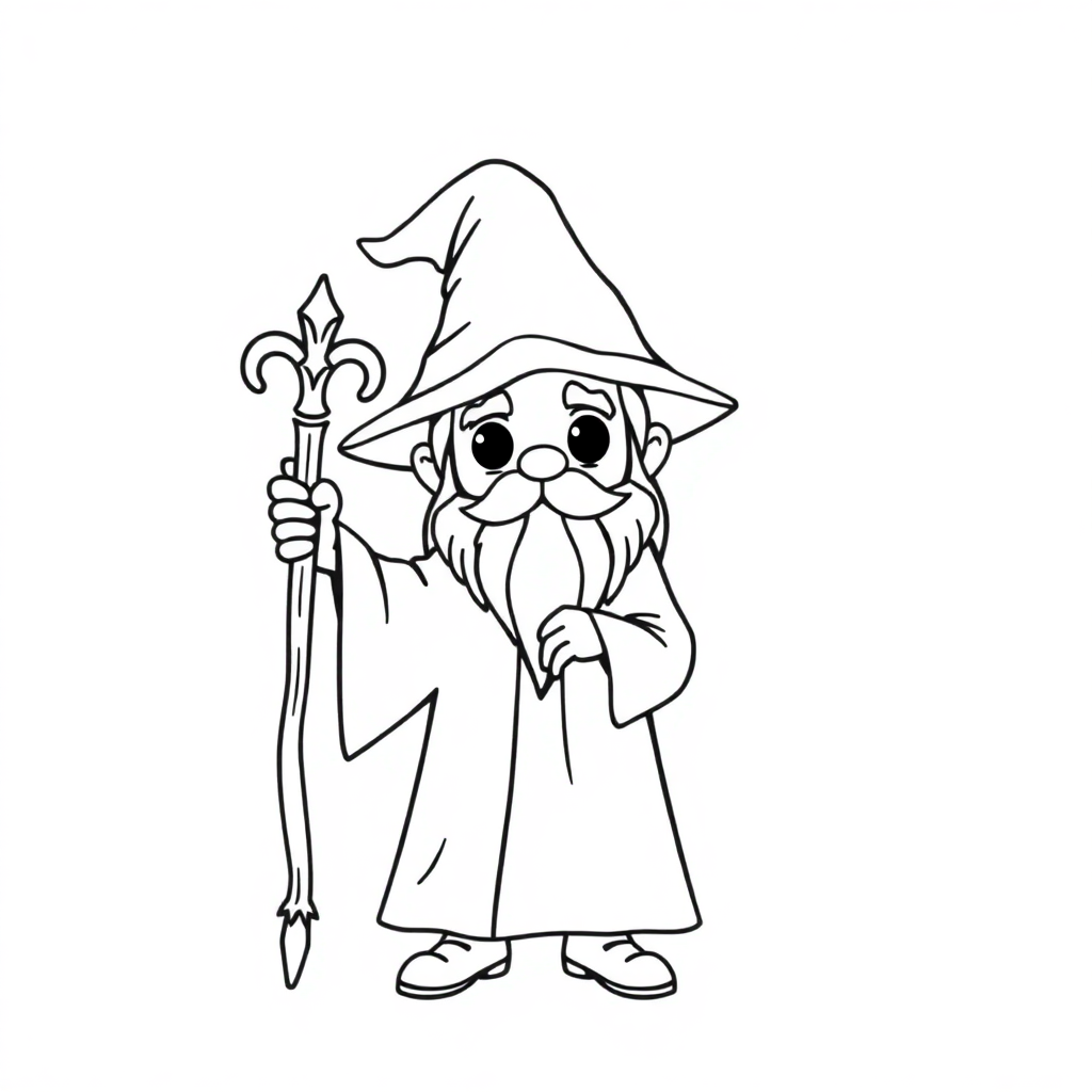Tiny Wizard With Staff Coloring Page