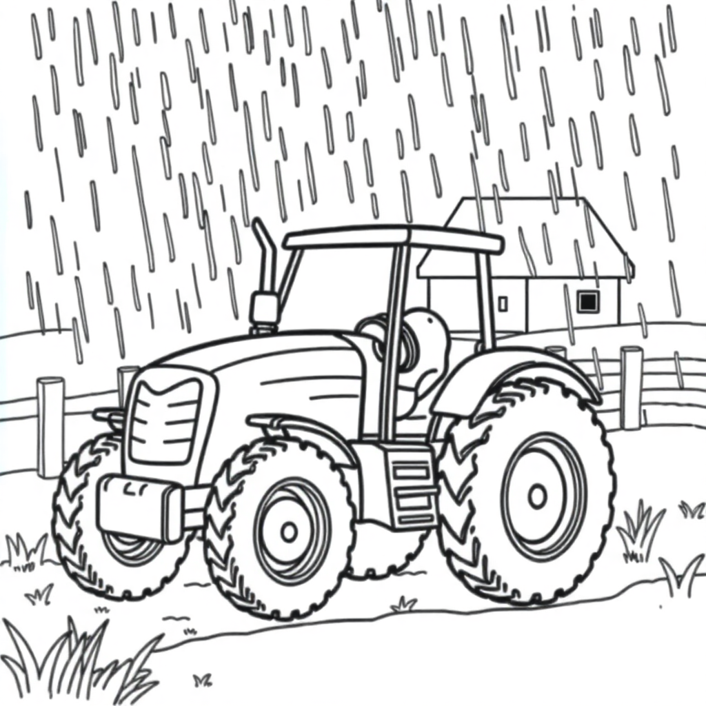 Detailed Tractor On Farm In Rain Coloring Page