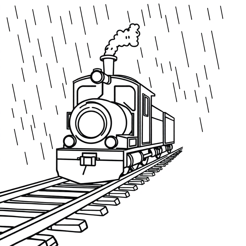 Train On Tracks In Rain Coloring Page
