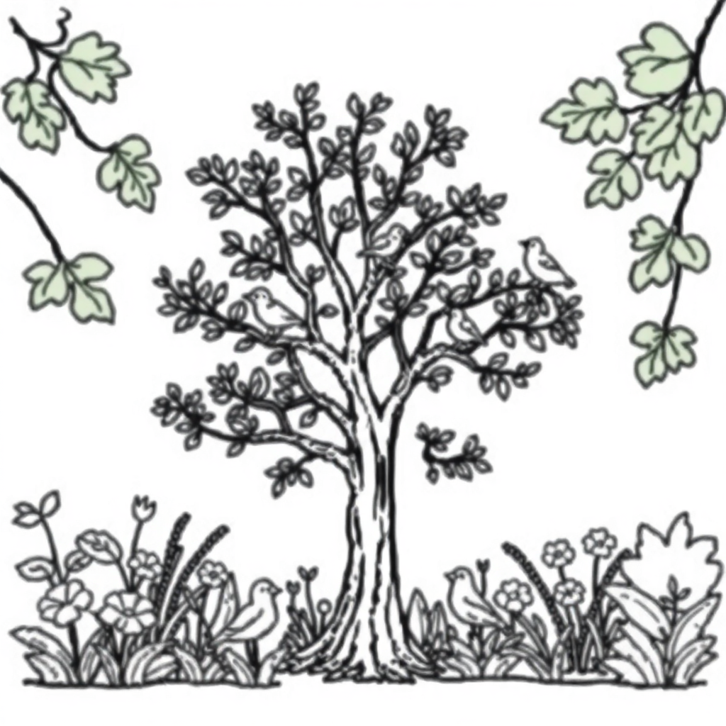 Tree With Birds In Garden Coloring Page