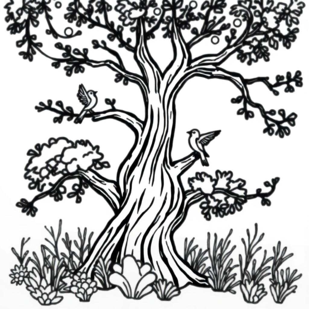 Tree With Birds Underwater Coloring Page