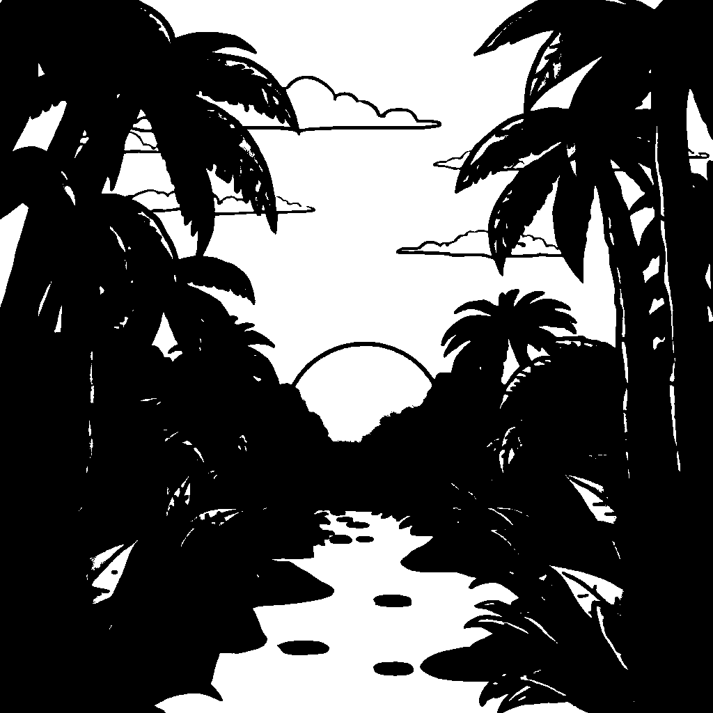 Tropical Jungle At Sunset Coloring Page