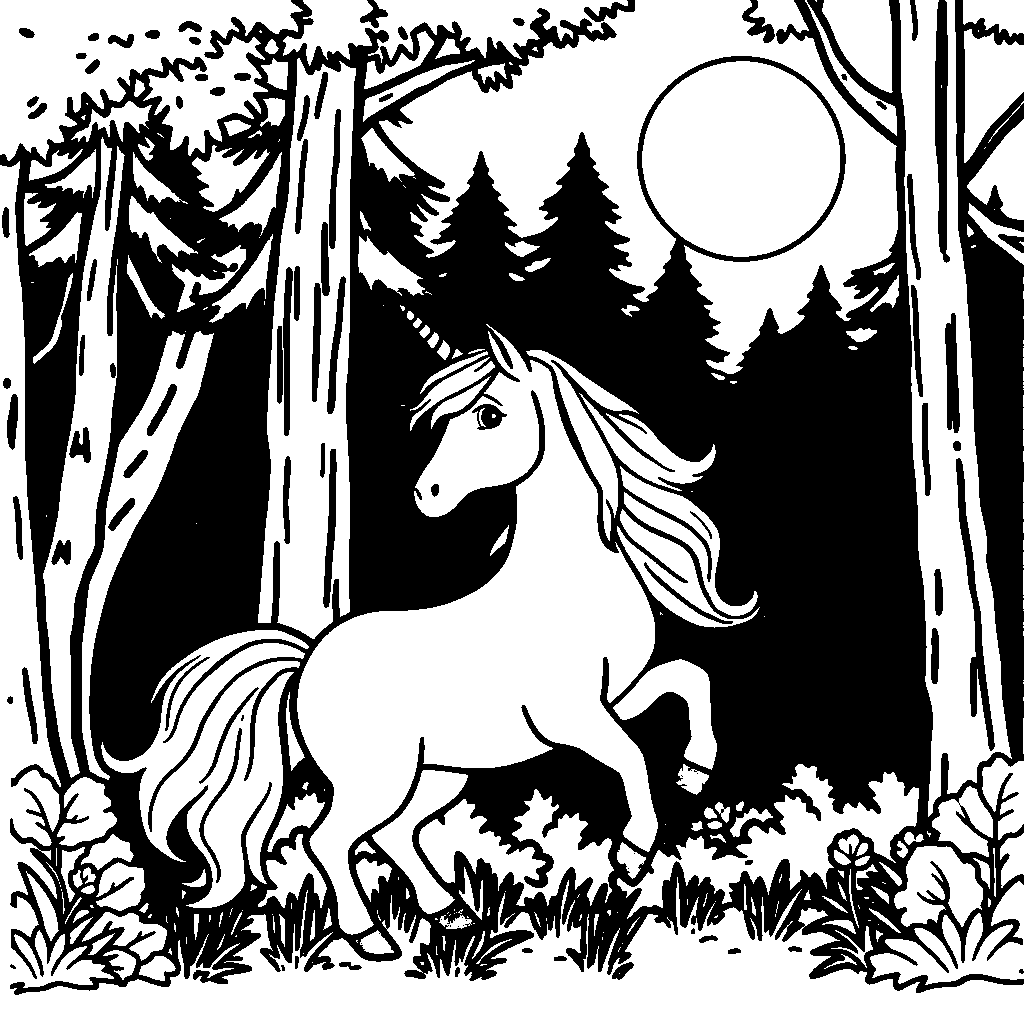Unicorn With Rainbow Mane In Forest Coloring Page