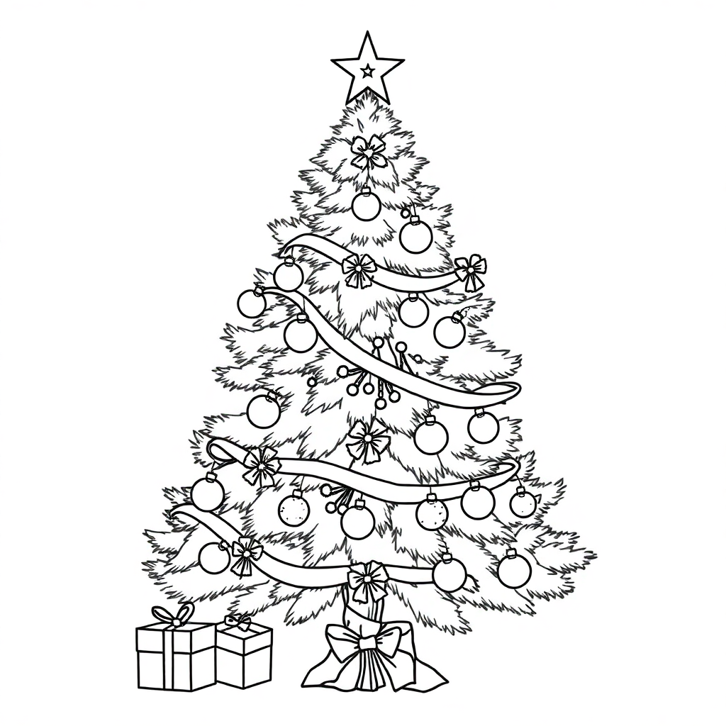 Vintage Christmas Tree Decorated Coloring Page