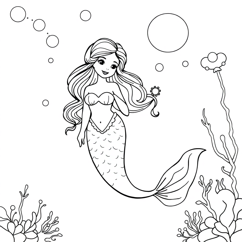 Vintage Mermaid Underwater Coloring Page