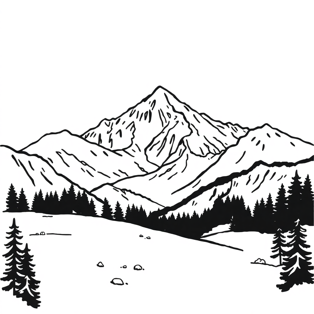 Vintage Mountain Landscape Coloring Page