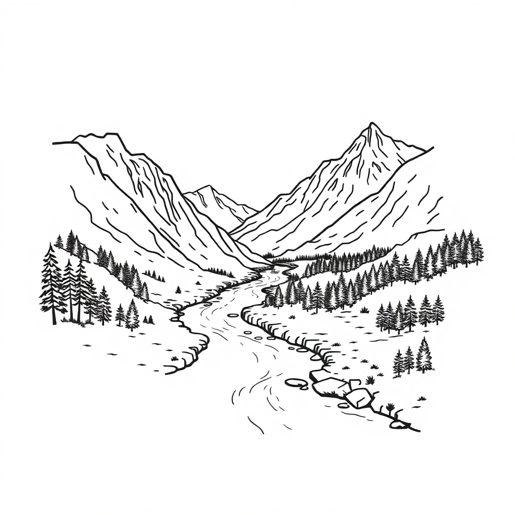 Vintage River Through Mountains Coloring Page