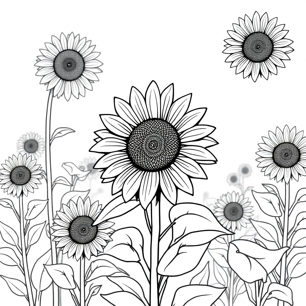 Vintage Sunflower Field Coloring Page