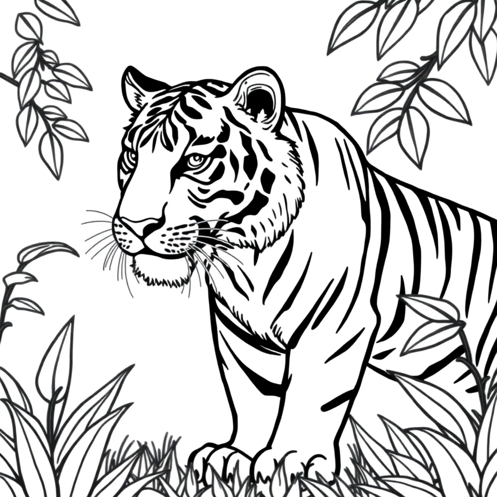Vintage Tiger In Jungle Coloring Page