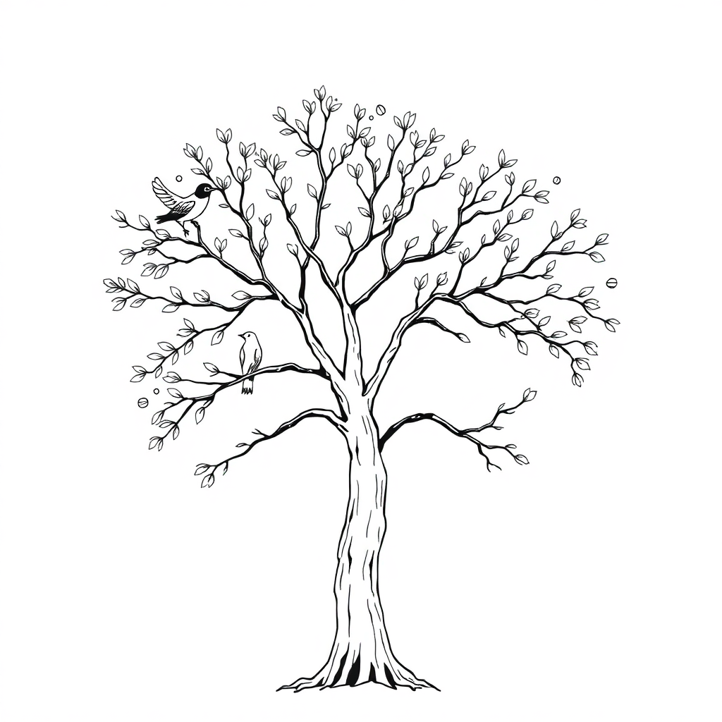 Vintage Tree With Birds Coloring Page
