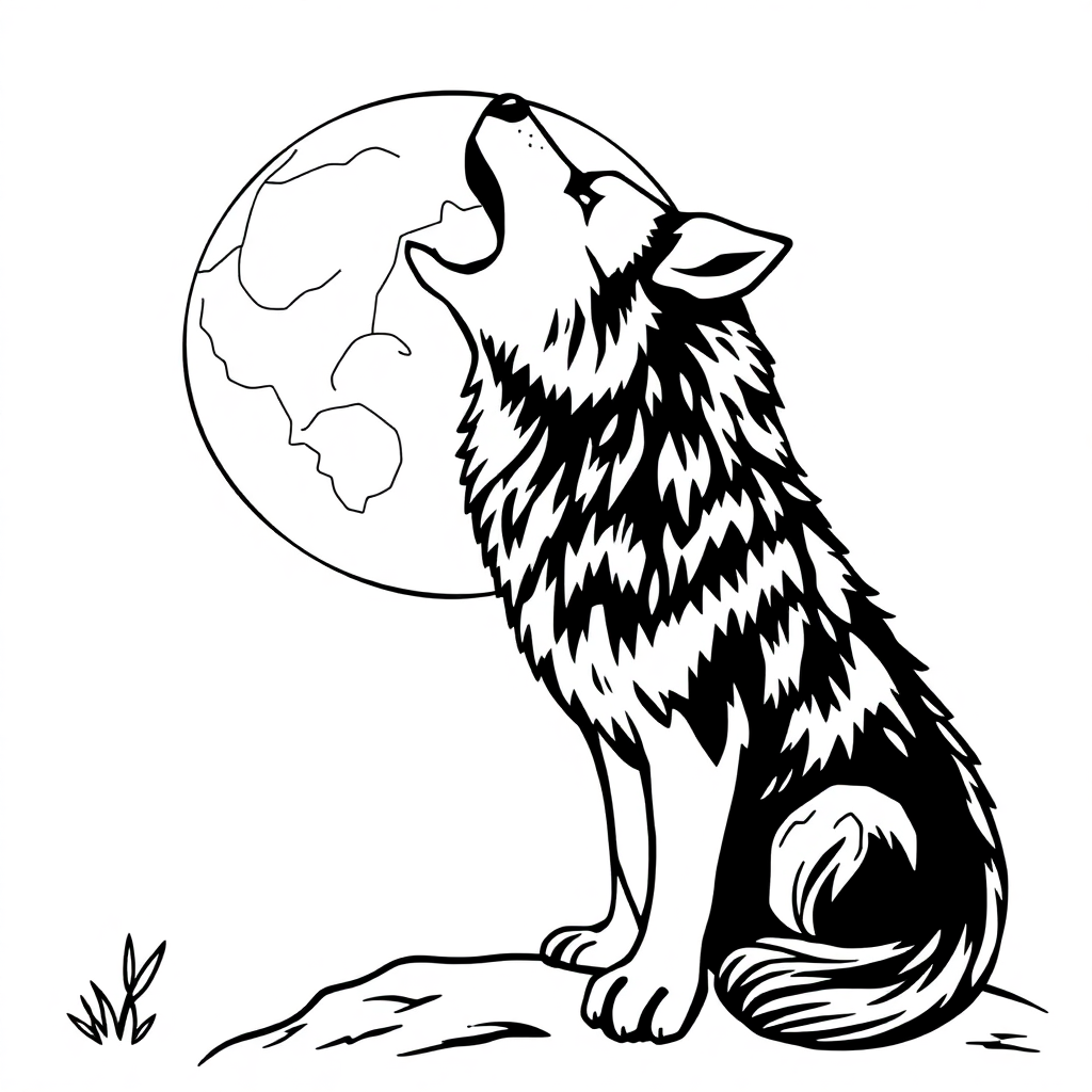 Vintage Wolf Howling At Moon Coloring Page