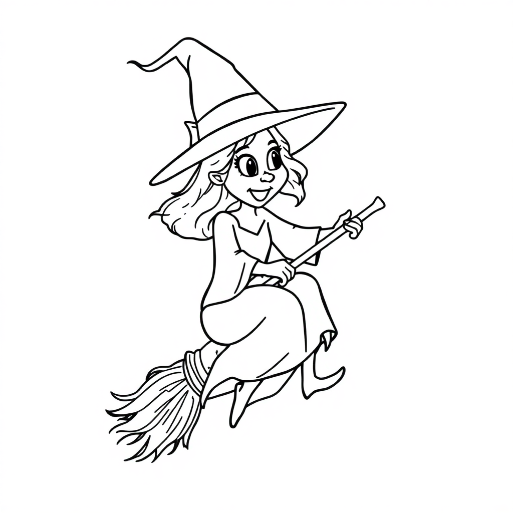 Wild Witch On Broomstick Coloring Page