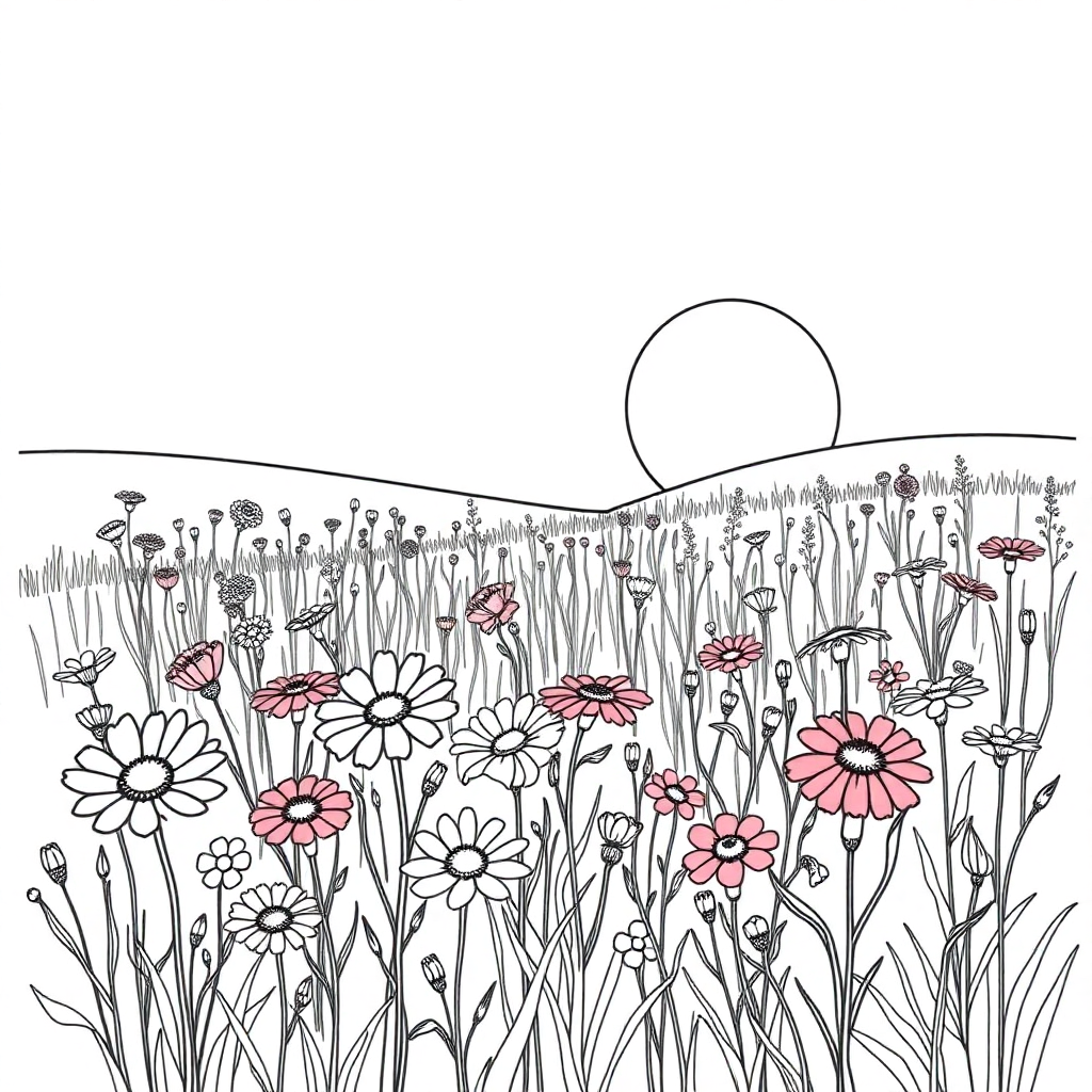 Wildflower Field At Sunset Coloring Page