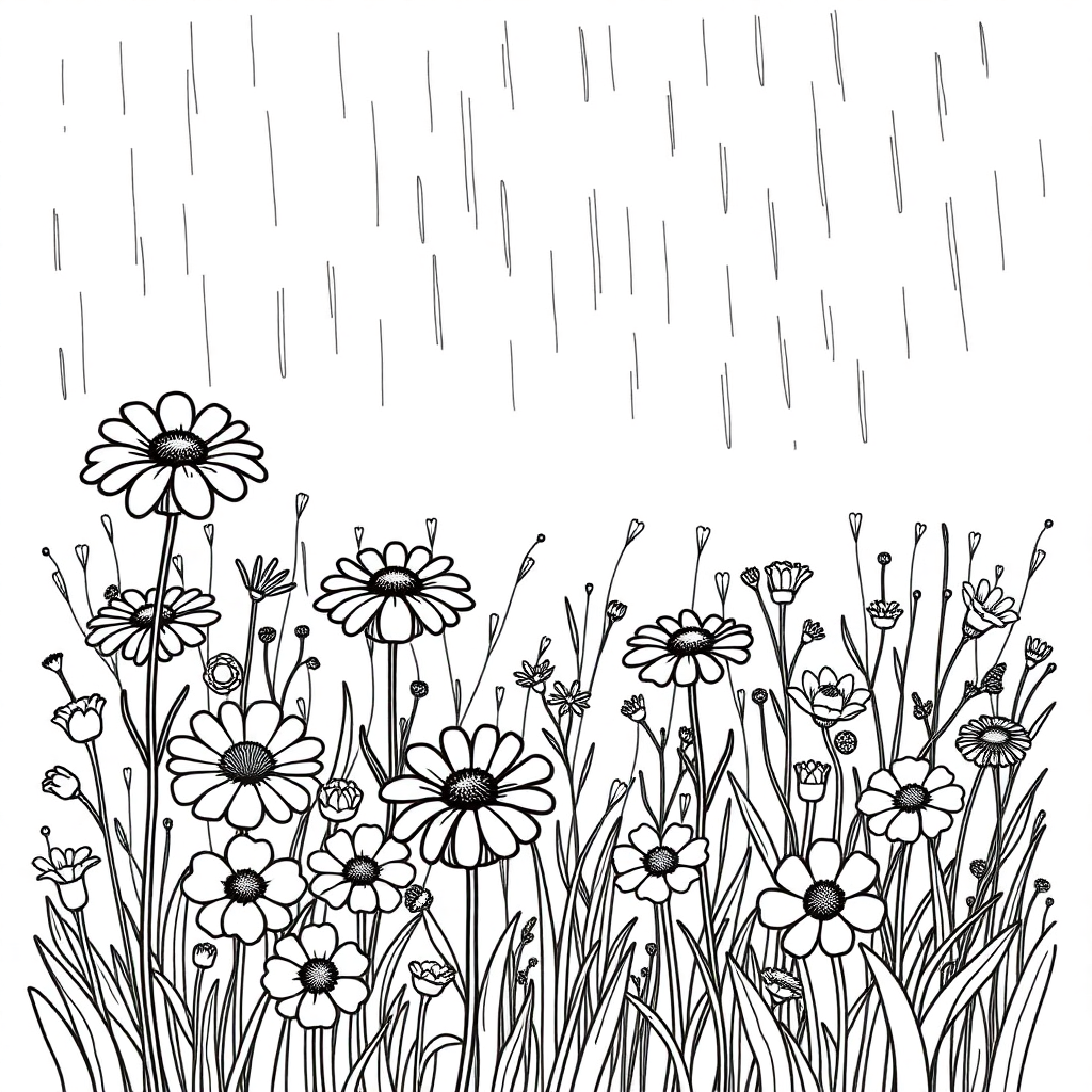 Wildflower Field In Rain Coloring Page