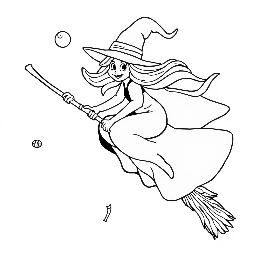 Witch On Broomstick Underwater Coloring Page