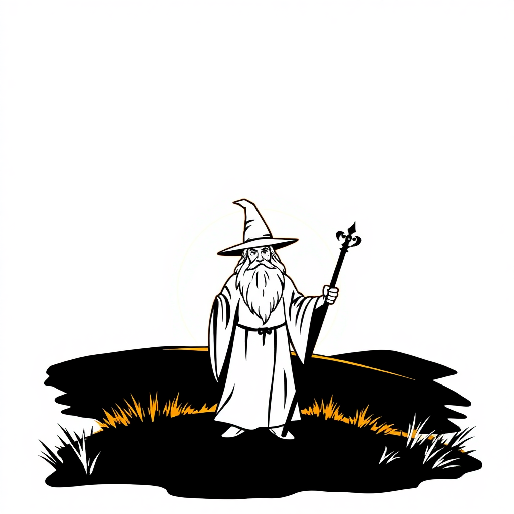 Wizard With Staff At Sunset Coloring Page