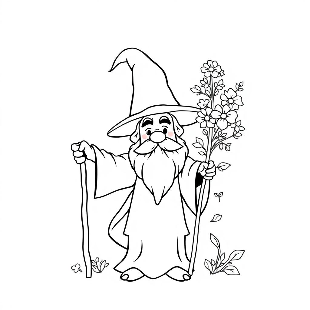 Wizard With Staff With Flowers Coloring Page
