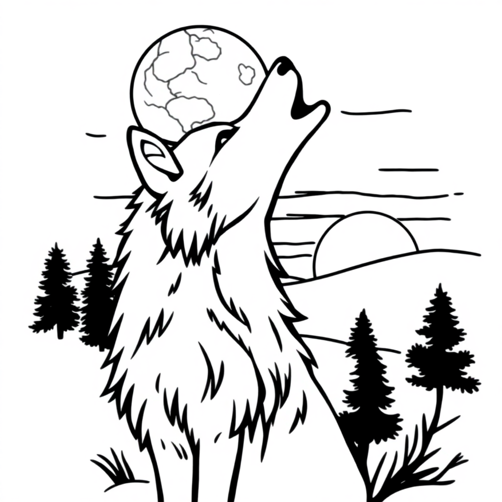 Wolf Howling At Moon At Sunset Coloring Page