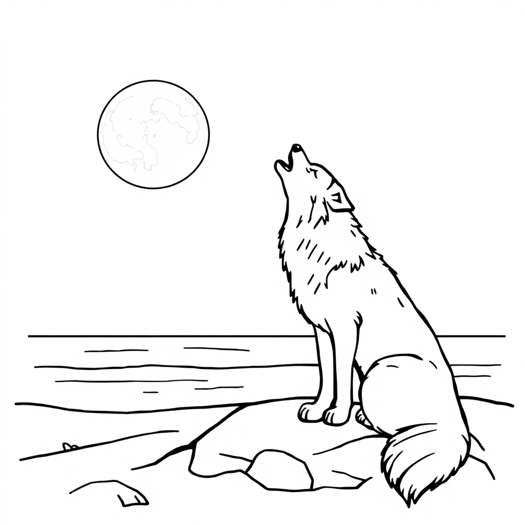 Wolf Howling At Moon On Beach Coloring Page