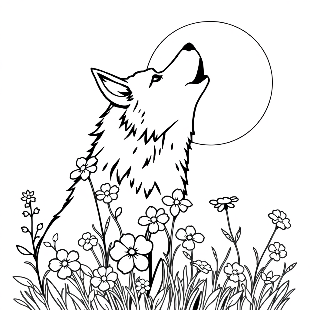 Wolf Howling At Moon With Flowers Coloring Page