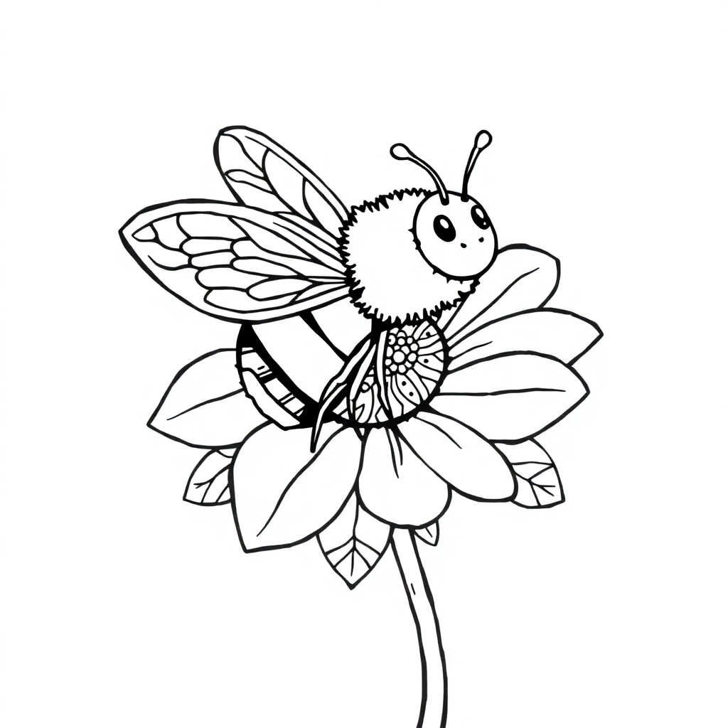 Zentangle Style Bee On Flower Coloring Page