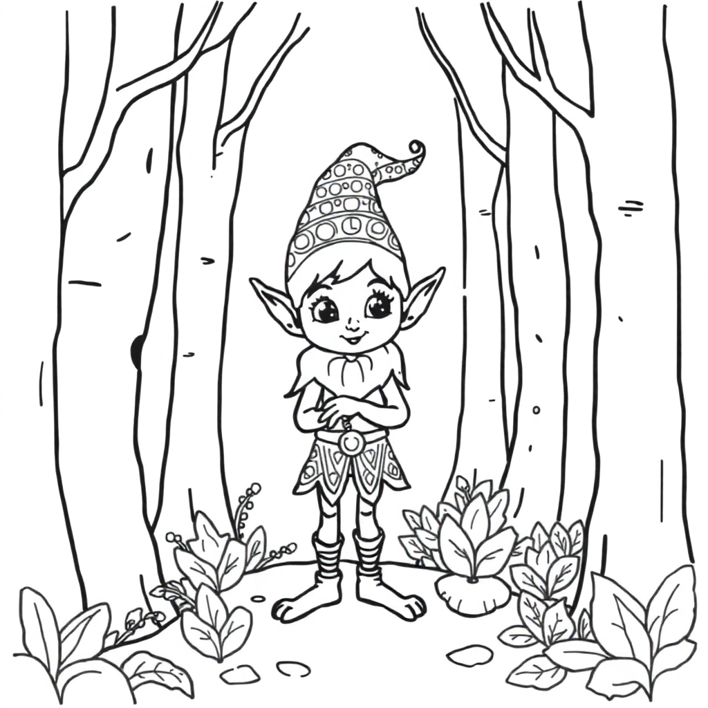 Zentangle Style Elf In Forest Coloring Page